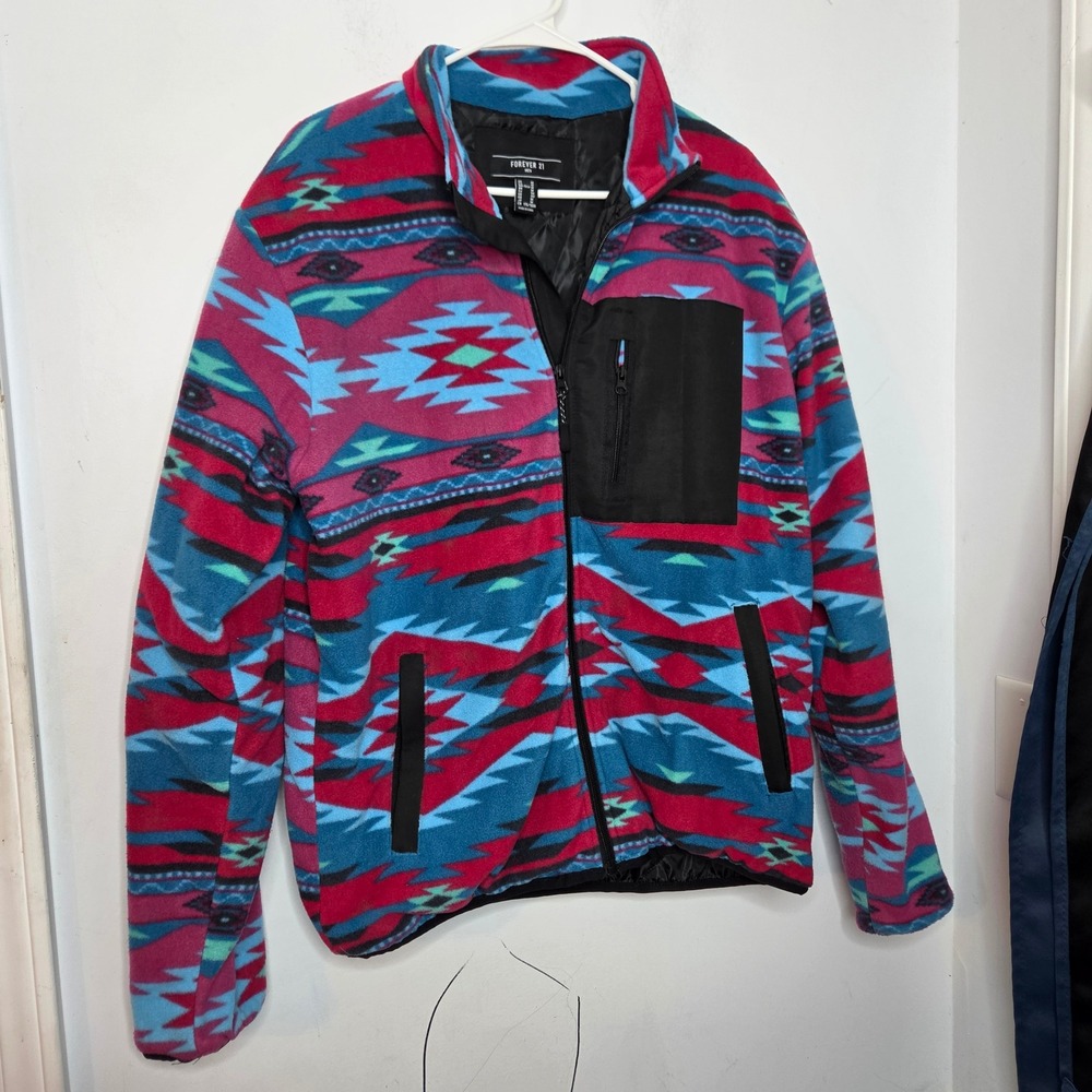 Forever 21 Men Aztec Southwestern Fleece Jacket Blue Pink Geometric Size Medium